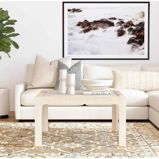 Chatham Raffia Coffee Table by Butler Specialty Company. Made from saguran raffia, glass, gmelina arborea wood in a unique style.