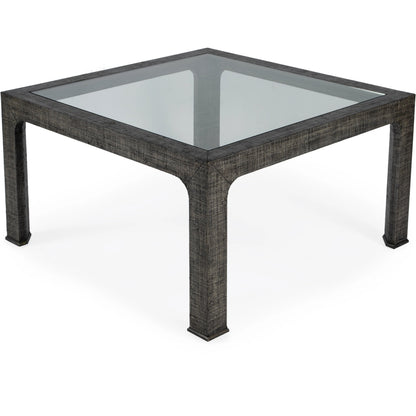 Chatham Glass and Raffia Square 36" Coffee Table by Butler Specialty Company in charcoal and charcoal raffia. Made from saguran raffia, glass, gmelina beechwood solids in a modern style.