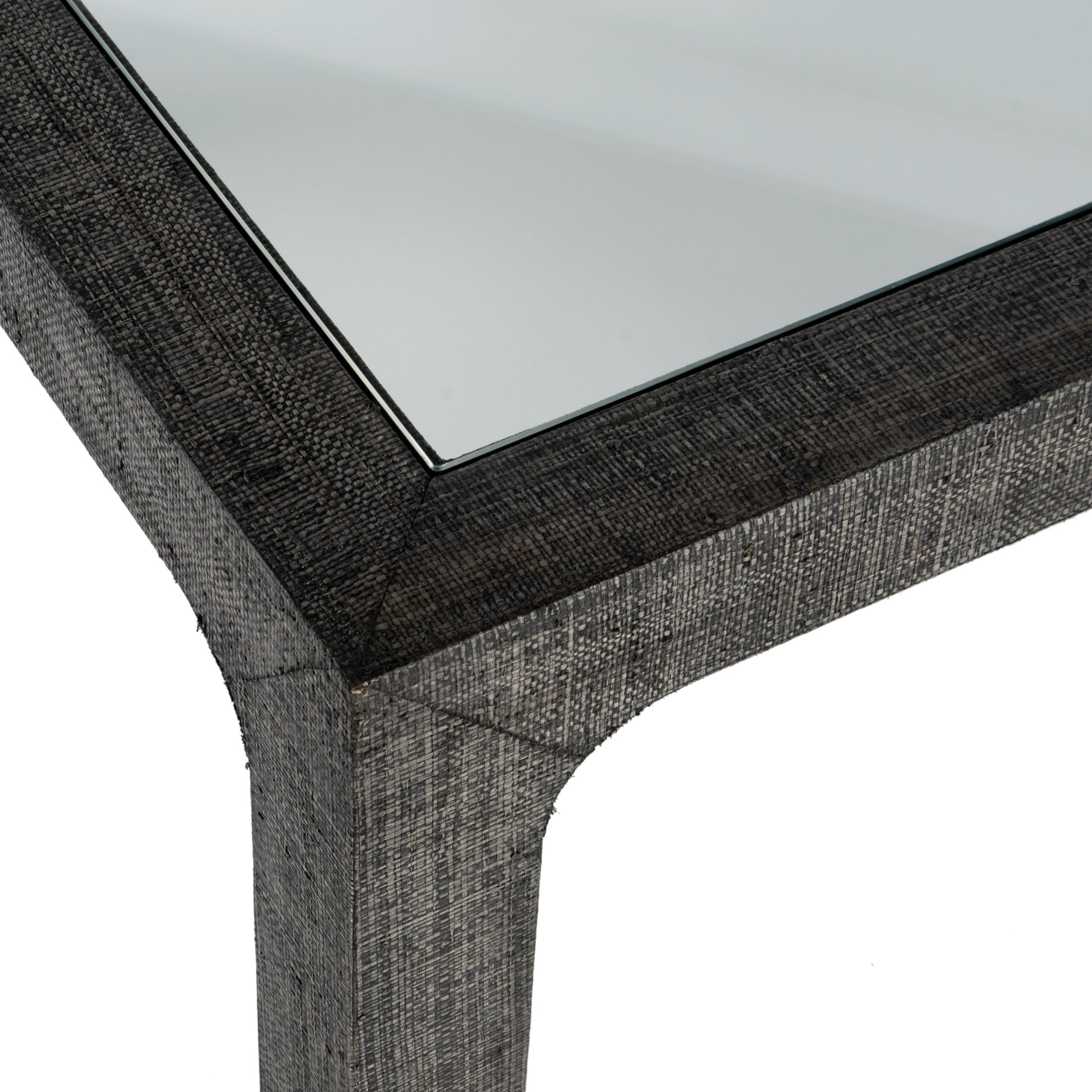 Chatham Glass and Raffia Square 36" Coffee Table by Butler Specialty Company in charcoal and charcoal raffia. Made from saguran raffia, glass, gmelina beechwood solids in a modern style.