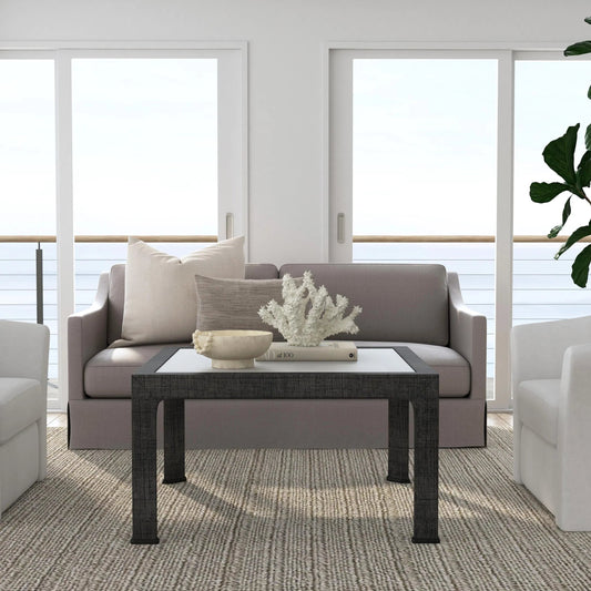 Chatham Glass and Raffia Square 36" Coffee Table by Butler Specialty Company in charcoal and charcoal raffia. Made from saguran raffia, glass, gmelina beechwood solids in a modern style.