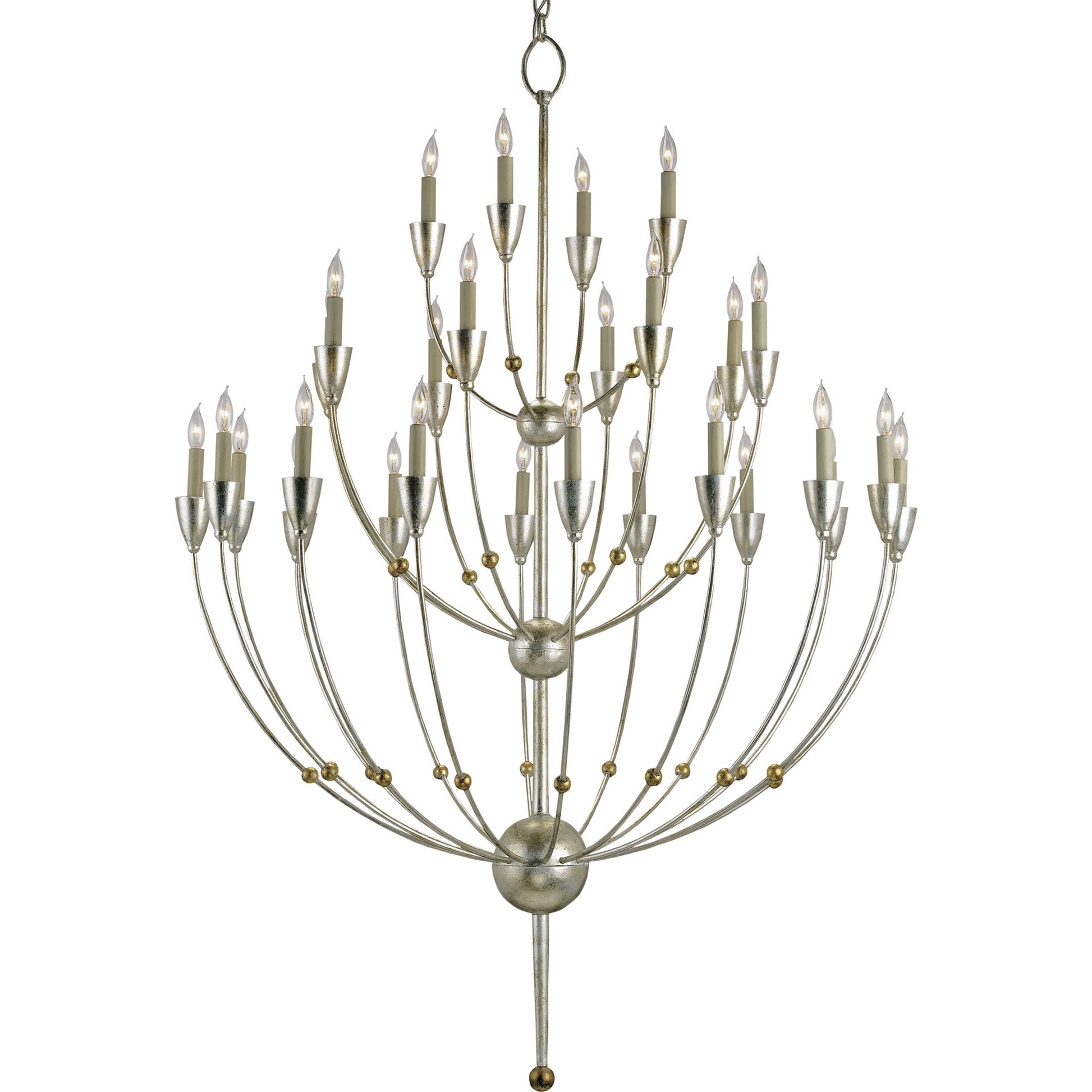 Paradox Chandelier by Currey and Company in silver granello, gold leaf. Made from wrought iron in a modern style.