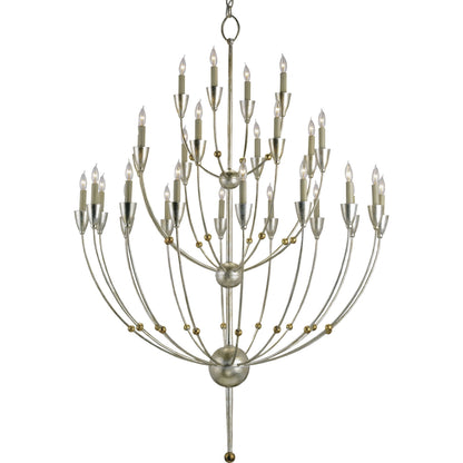 Paradox Chandelier by Currey and Company in silver granello, gold leaf. Made from wrought iron in a modern style.