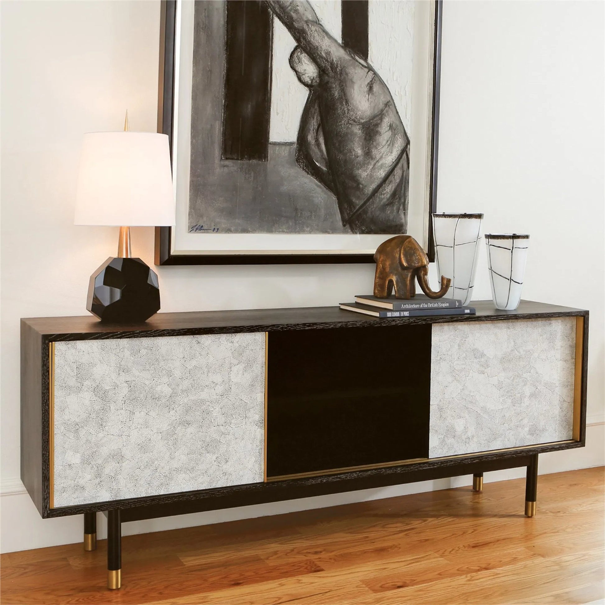 Ostara Media Cabinet by Global Views in acacia, oak. Made from beech, mdf, brass sabots, egg shell in a modern style.
