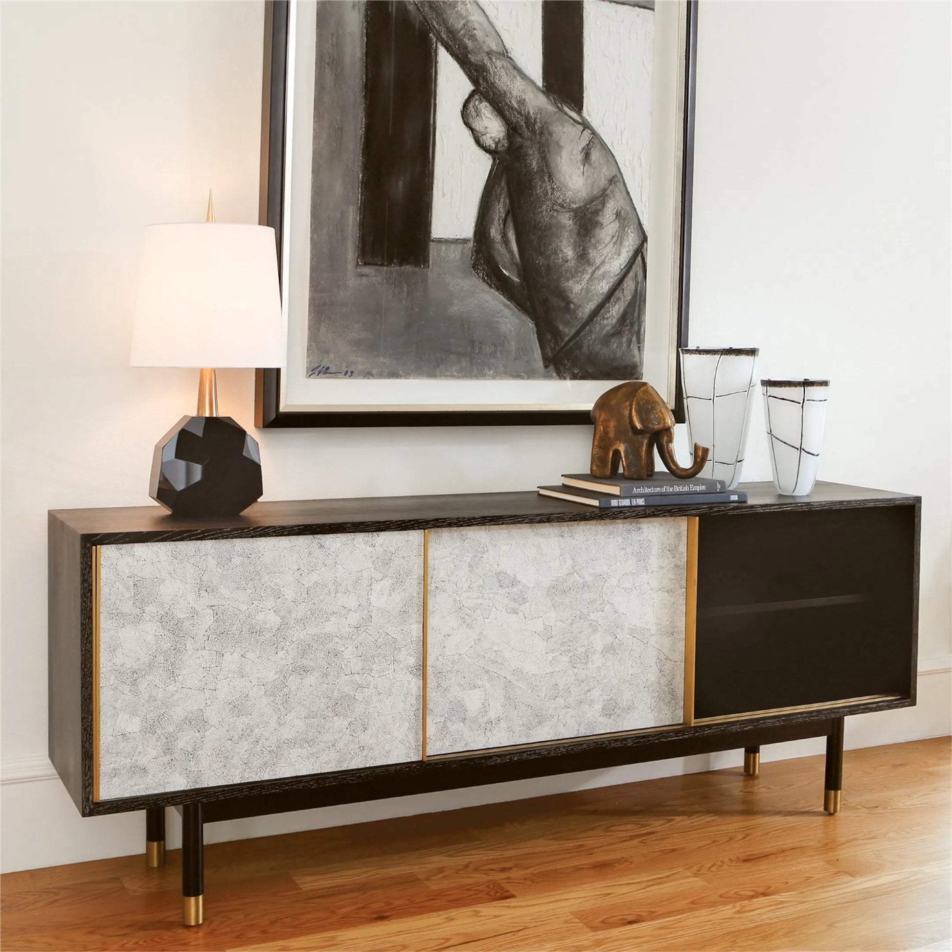 Ostara Media Cabinet by Global Views in acacia, oak. Made from beech, mdf, brass sabots, egg shell in a modern style.