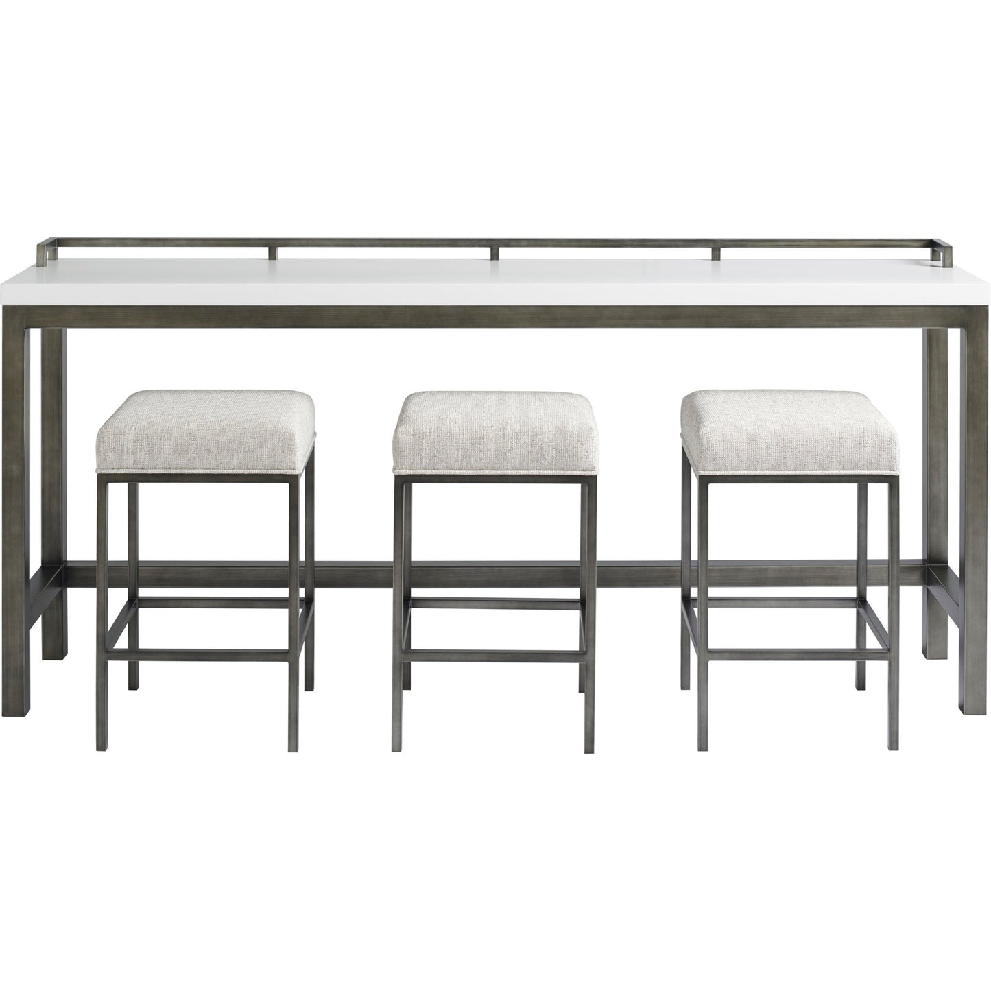 001 SR-813243 | Primary Silo | Curated Essence Console Table with Stools by Universal Furniture in brushed stainless steel and meringue. Made from 61% olefin, 37% cotton, 2% polyester in a modern style.