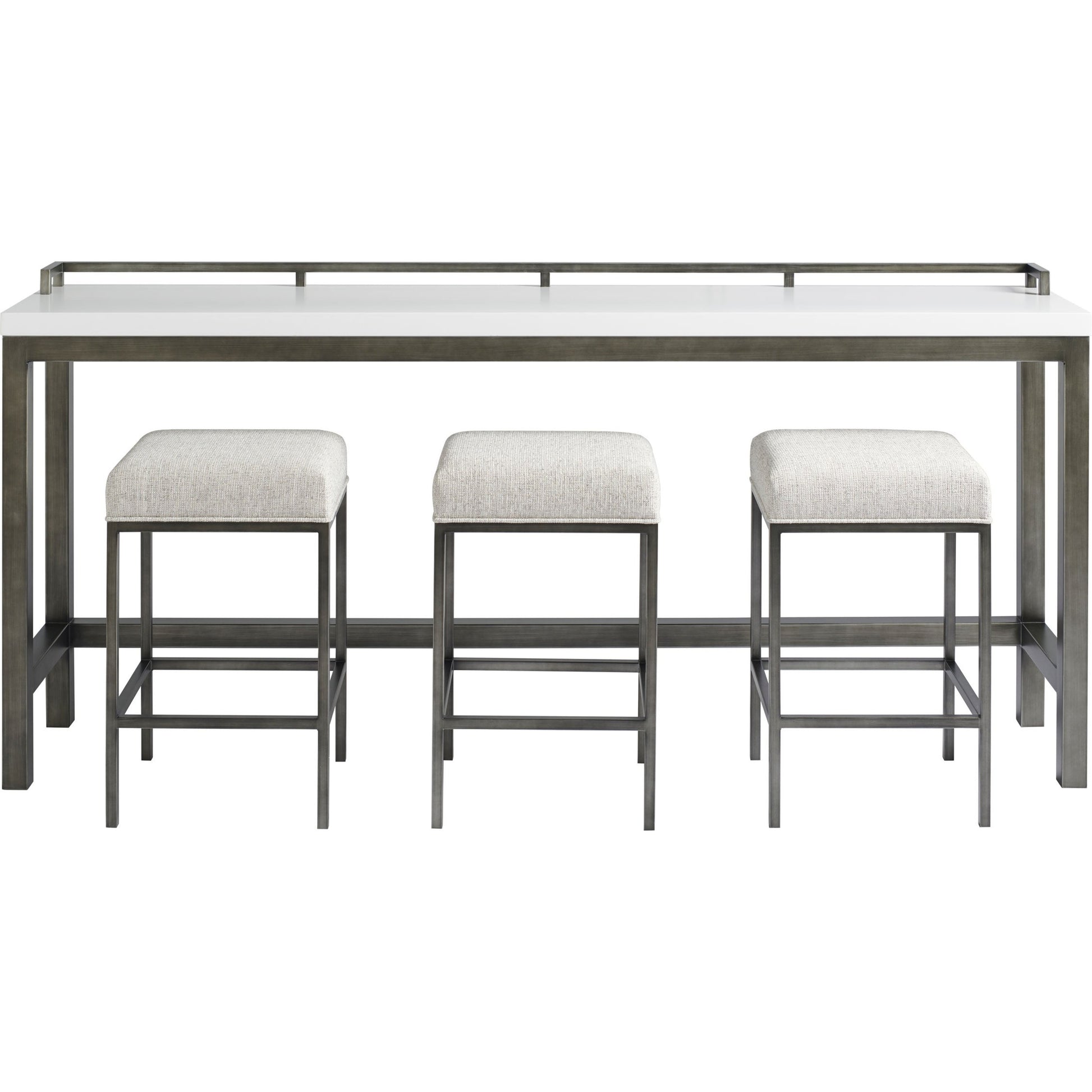 Curated Essence Console Table with Stools by Universal Furniture in brushed stainless steel and meringue. Made from 61% olefin, 37% cotton, 2% polyester in a modern style.