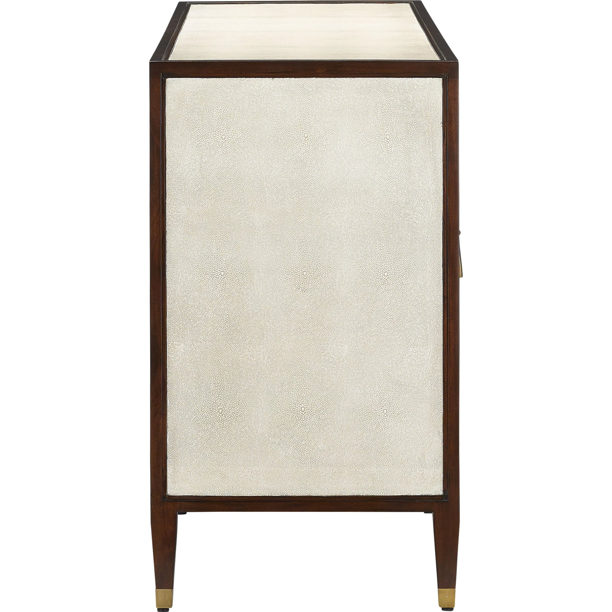 Evie Credenza by Currey and Company in ivory, dark walnut, brass. Made from faux shagreen, mahogany, cast brass in a transitional style.