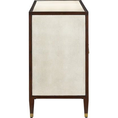 Evie Credenza by Currey and Company in ivory, dark walnut, brass. Made from faux shagreen, mahogany, cast brass in a transitional style.