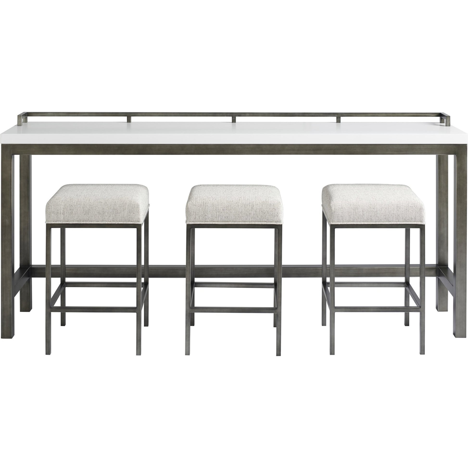 Curated Essence Console Table with Stools by Universal Furniture in brushed stainless steel and meringue. Made from 61% olefin, 37% cotton, 2% polyester in a modern style.