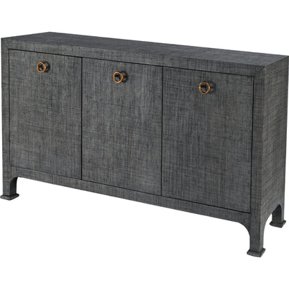 Chatham 3-Drawer Raffia Sideboard by Butler Specialty Company in charcoal and charcoal raffia. Made from gmelina beechwood solids, mdf panel with maple veneer, raffia, aluminium in a modern style.