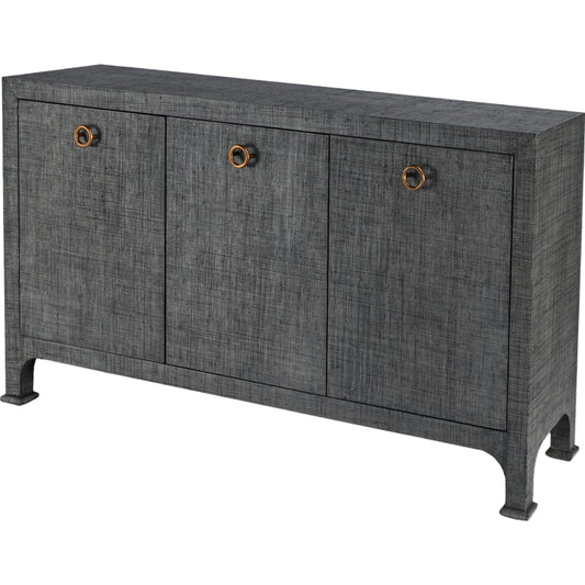 Chatham 3-Drawer Raffia Sideboard by Butler Specialty Company in charcoal and charcoal raffia. Made from gmelina beechwood solids, mdf panel with maple veneer, raffia, aluminium in a modern style.