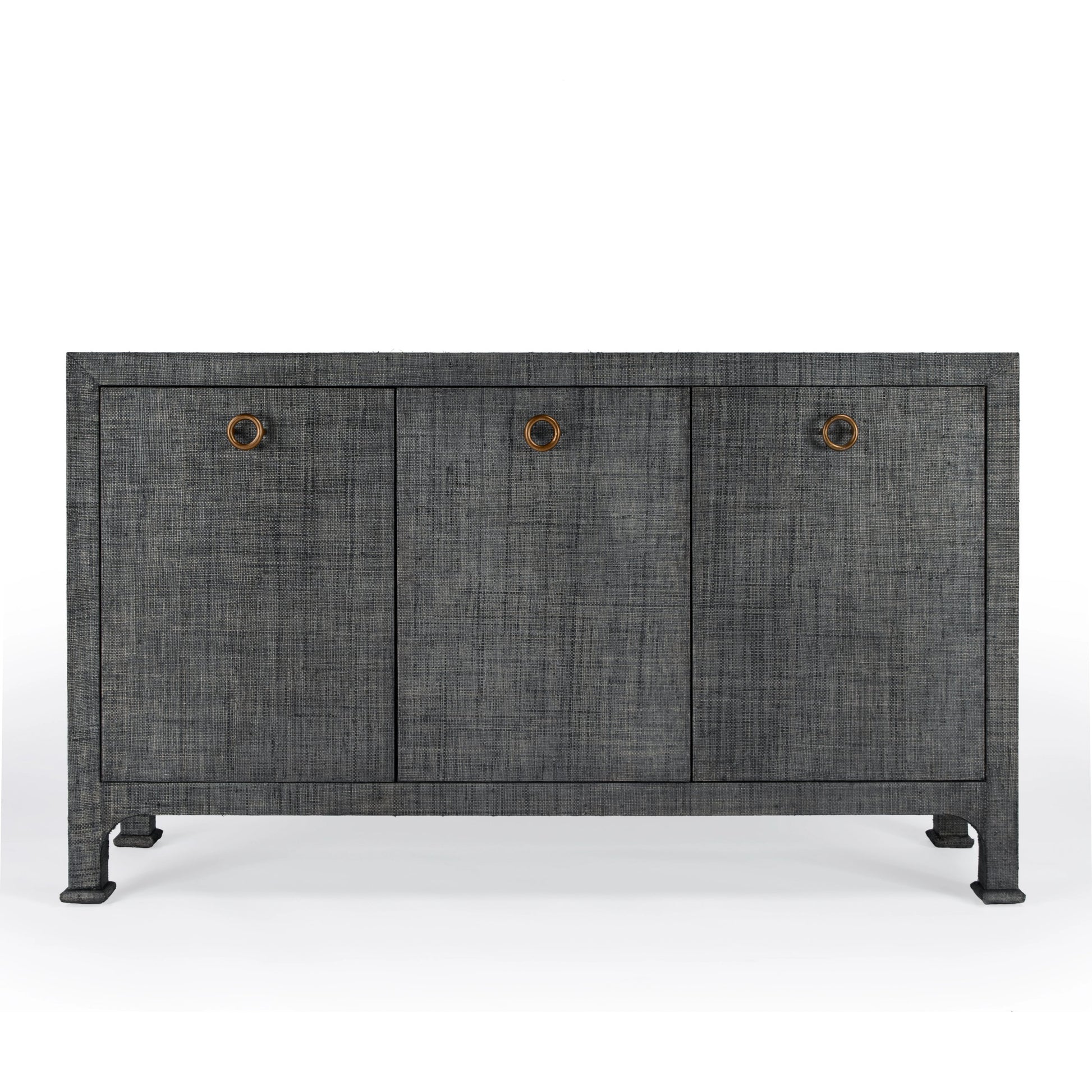 Chatham 3-Drawer Raffia Sideboard by Butler Specialty Company in charcoal and charcoal raffia. Made from gmelina beechwood solids, mdf panel with maple veneer, raffia, aluminium in a modern style.