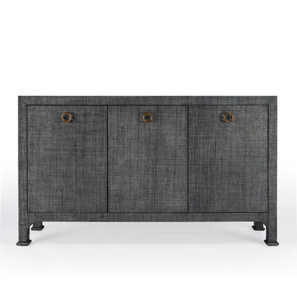 Chatham 3-Drawer Raffia Sideboard by Butler Specialty Company in charcoal and charcoal raffia. Made from gmelina beechwood solids, mdf panel with maple veneer, raffia, aluminium in a modern style.