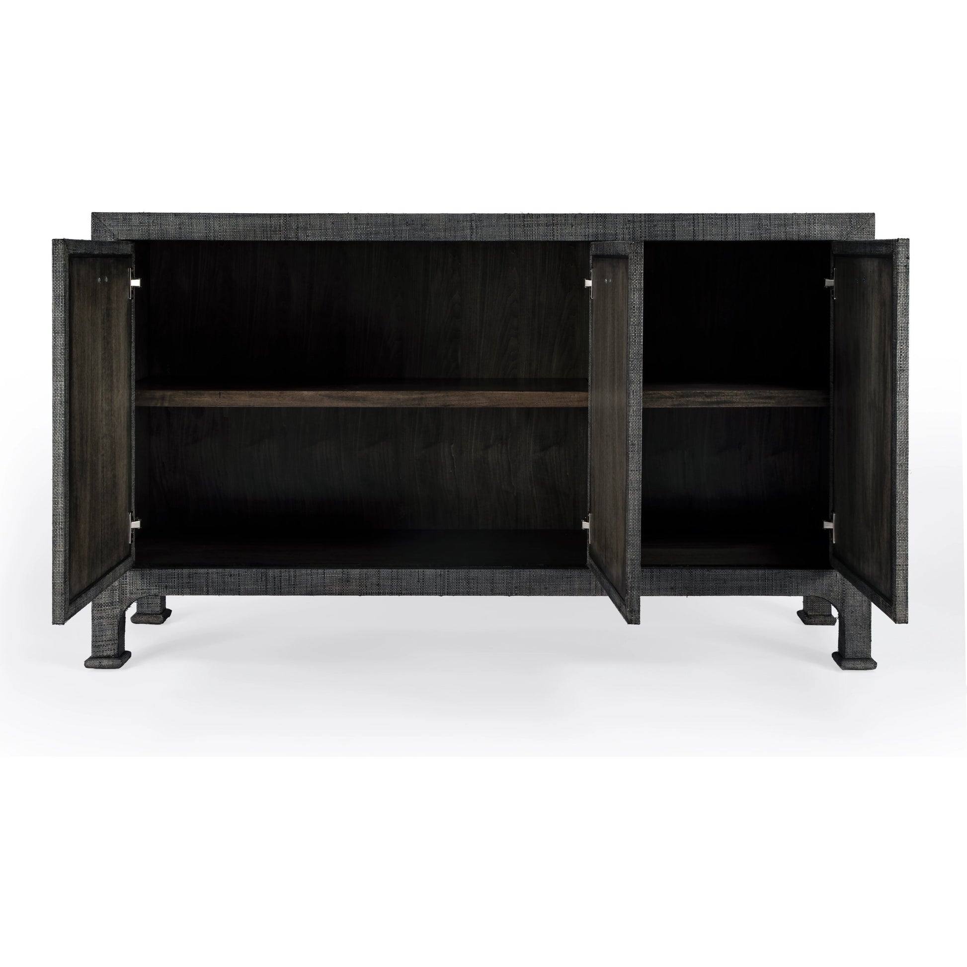 Chatham 3-Drawer Raffia Sideboard by Butler Specialty Company in charcoal and charcoal raffia. Made from gmelina beechwood solids, mdf panel with maple veneer, raffia, aluminium in a modern style.