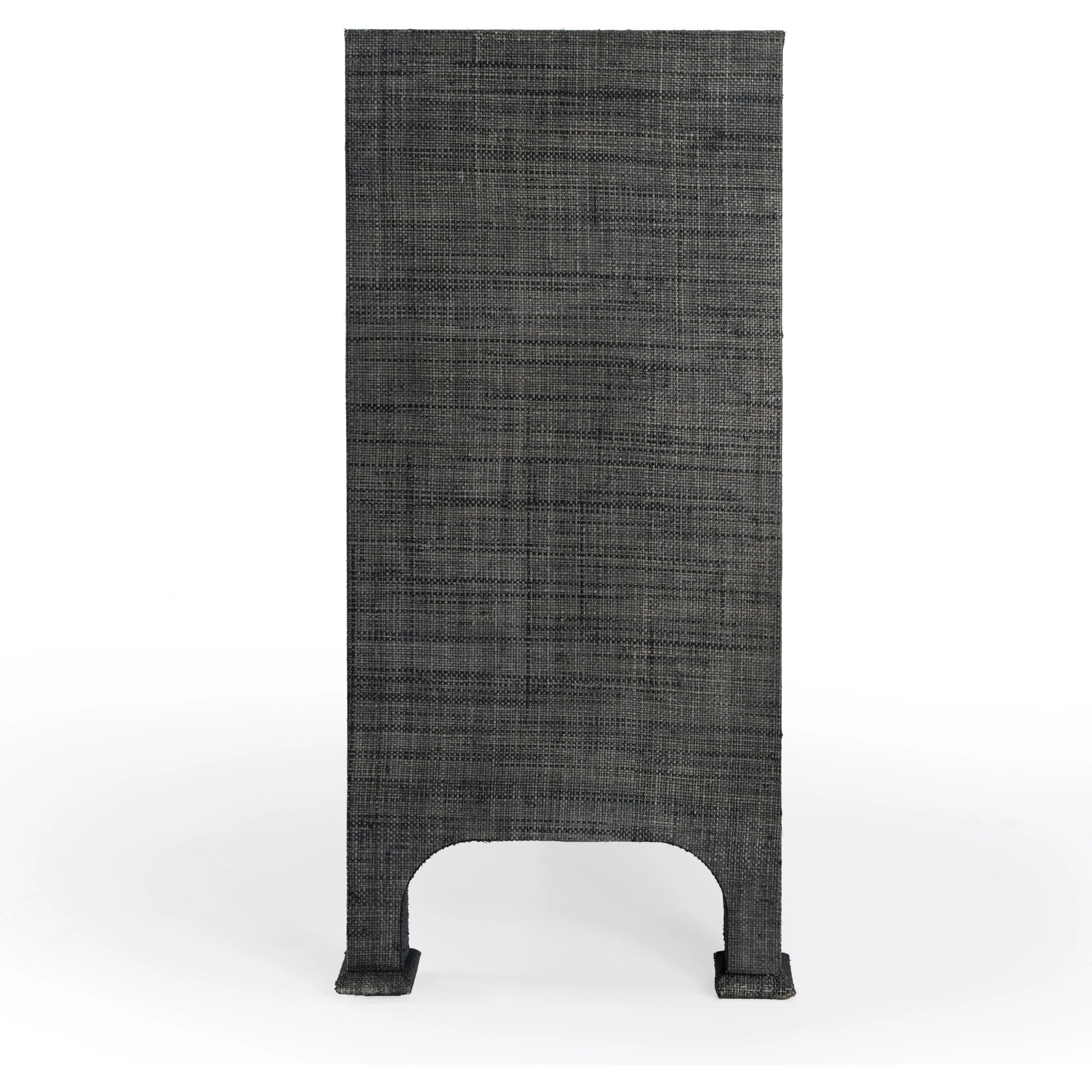 Chatham 3-Drawer Raffia Sideboard by Butler Specialty Company in charcoal and charcoal raffia. Made from gmelina beechwood solids, mdf panel with maple veneer, raffia, aluminium in a modern style.