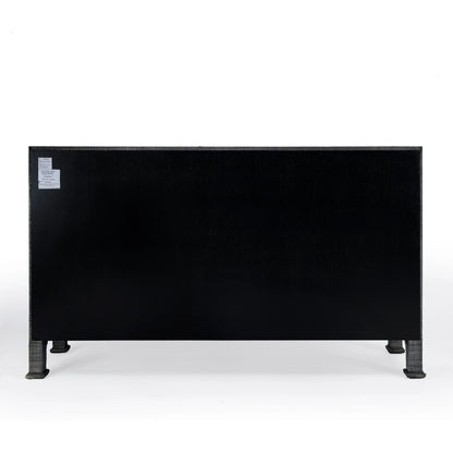 Chatham 3-Drawer Raffia Sideboard by Butler Specialty Company in charcoal and charcoal raffia. Made from gmelina beechwood solids, mdf panel with maple veneer, raffia, aluminium in a modern style.
