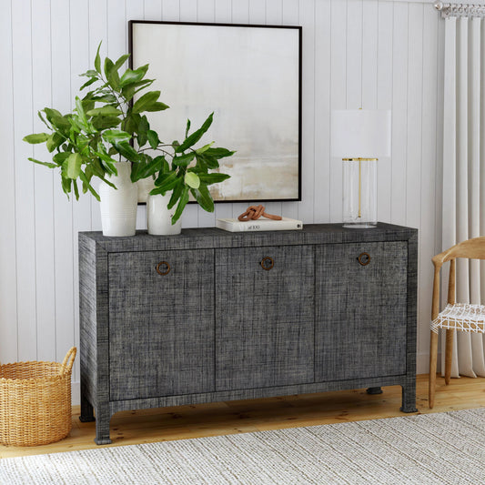 Chatham 3-Drawer Raffia Sideboard by Butler Specialty Company in charcoal and charcoal raffia. Made from gmelina beechwood solids, mdf panel with maple veneer, raffia, aluminium in a modern style.