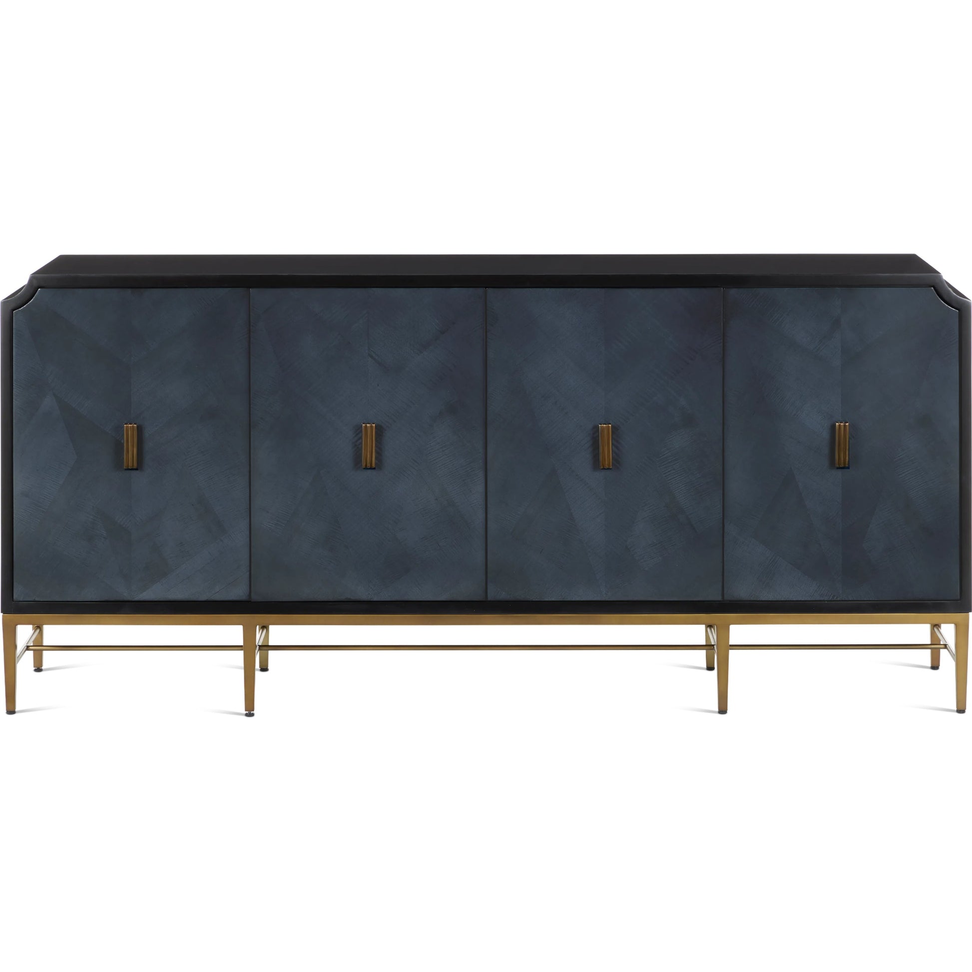 Kallista Blue Credenza by Currey and Company in dark sapphire, caviar black, antique brass. Made from sycamore veneer, mahogany, engineered hardwood, cast brass, iron in a modern style.