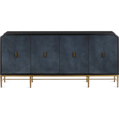 Kallista Blue Credenza by Currey and Company in dark sapphire, caviar black, antique brass. Made from sycamore veneer, mahogany, engineered hardwood, cast brass, iron in a modern style.