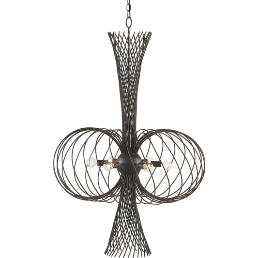 Akio Chandelier by Currey and Company in bronze gold. Made from wrought iron in a modern style.