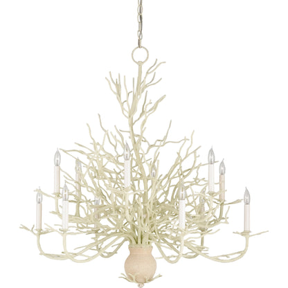 Seaward Chandelier by Currey and Company in white coral, natural sand. Made from wrought iron in a coastal style.