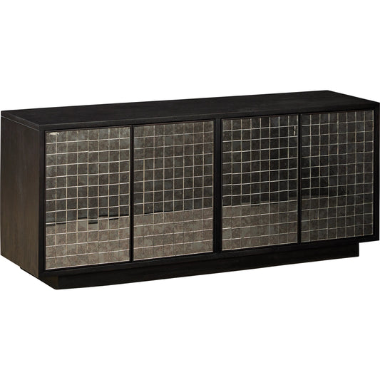 Mosaico Credenza by Currey and Company in ebony, antique mirror. Made from mango wood, glass in a unique style.