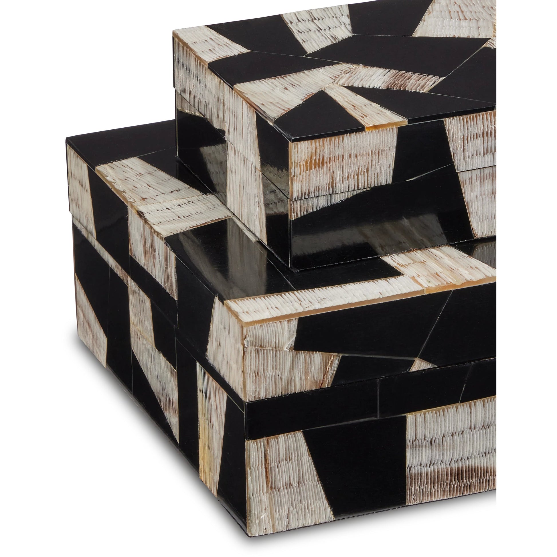 Bindu Box Set by Currey and Company in natural, black, linen. Made from chiseled horn, composite, linen, engineered hardwood in a modern style.