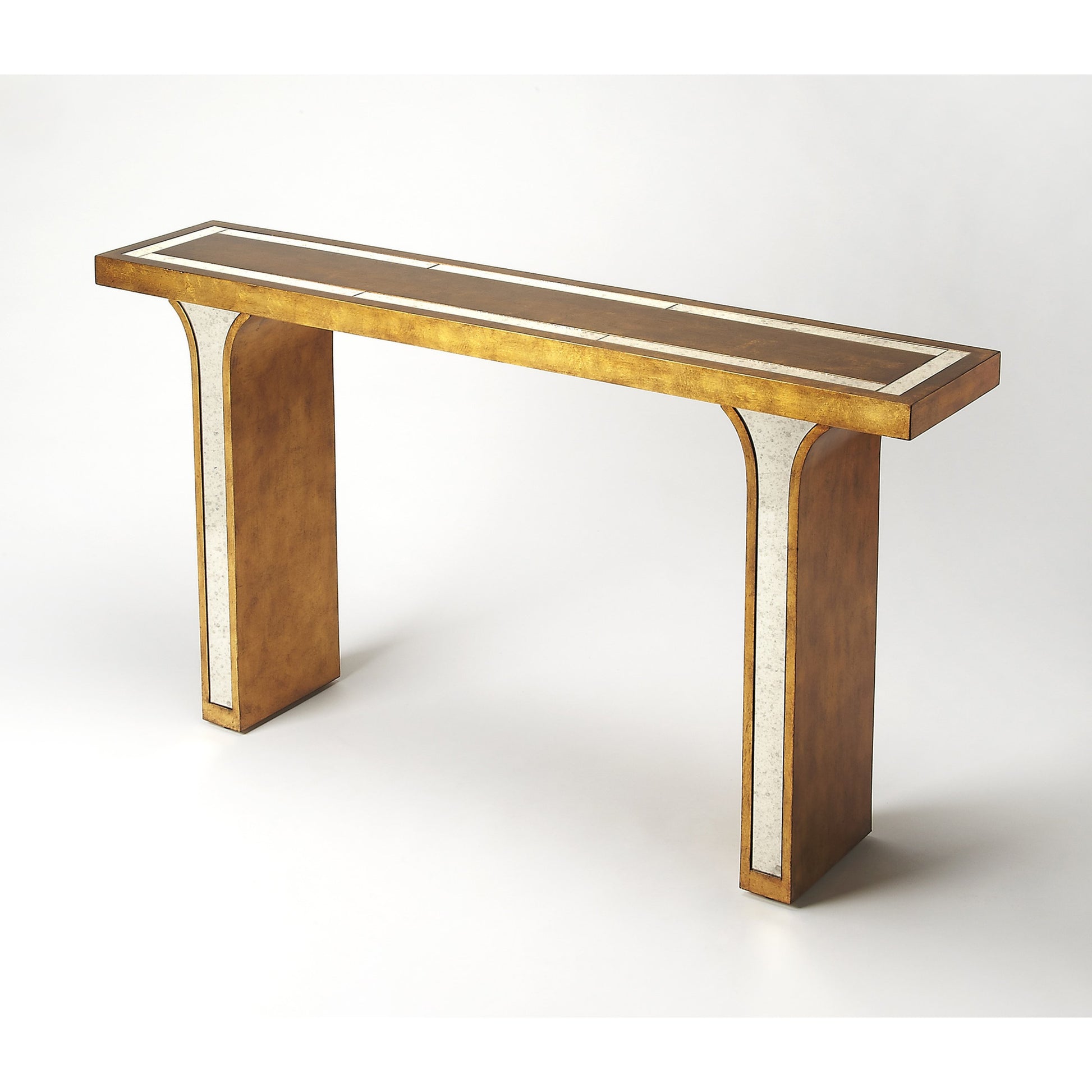 Katya Console Table by Butler Specialty Company in silver and silver leaf. Made from poplar hardwood solids, distressed mirror in a modern style.