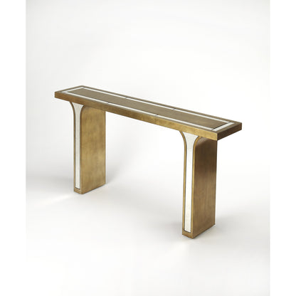 Katya Console Table by Butler Specialty Company in silver and silver leaf. Made from poplar hardwood solids, distressed mirror in a modern style.