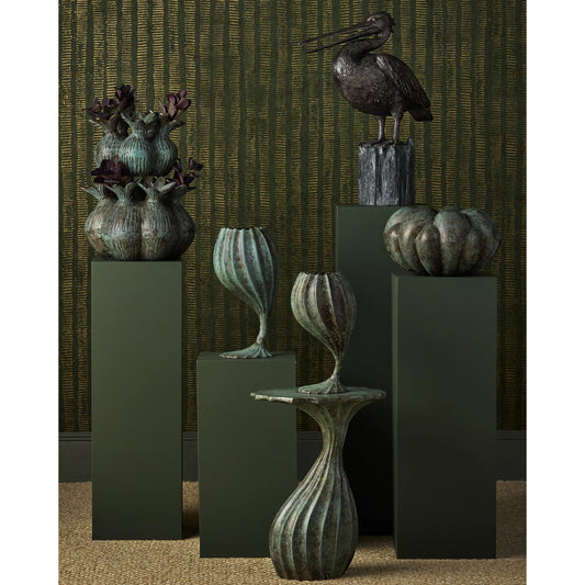 Amsterdam Tulip Vase by Currey and Company in verdigris. Made from cast aluminum in a unique style.
