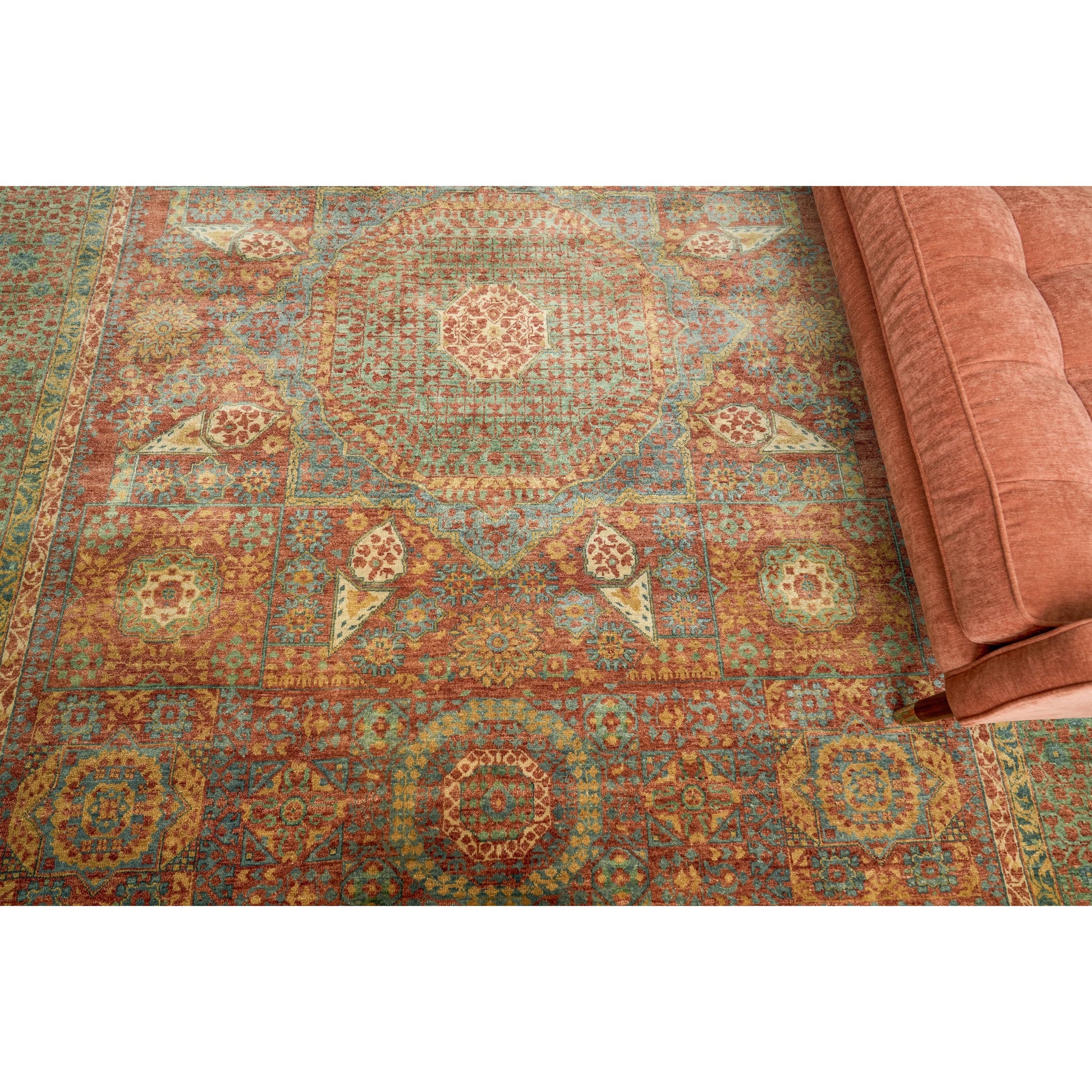 Mamluk Rug by Exquisite Rugs in rust, green. Made from new zealand wool in a unique style.