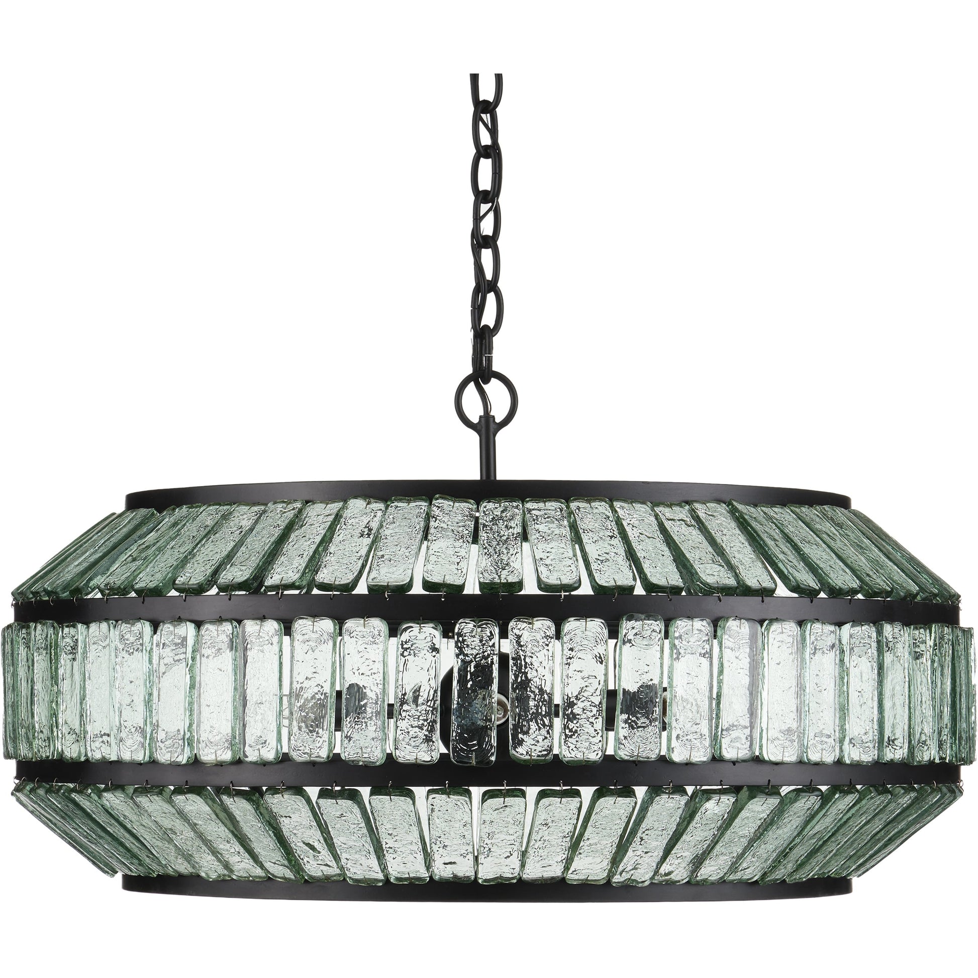 Centurion Recycled Glass Chandelier by Currey and Company in clear, satin black. Made from recycled glass, wrought iron in a traditional style.