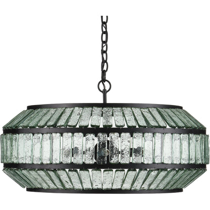 Centurion Recycled Glass Chandelier by Currey and Company in clear, satin black. Made from recycled glass, wrought iron in a traditional style.