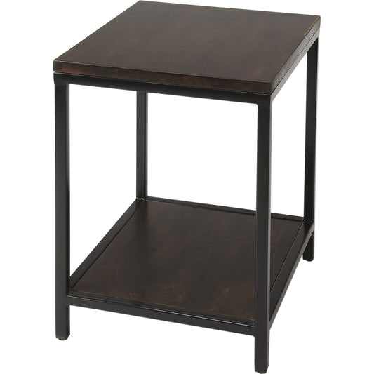 Landry Wood & Metal End Table by Butler Specialty Company in dark brown and industrial chic. Made from mango wood solids, iron, antique black finish in a modern style.