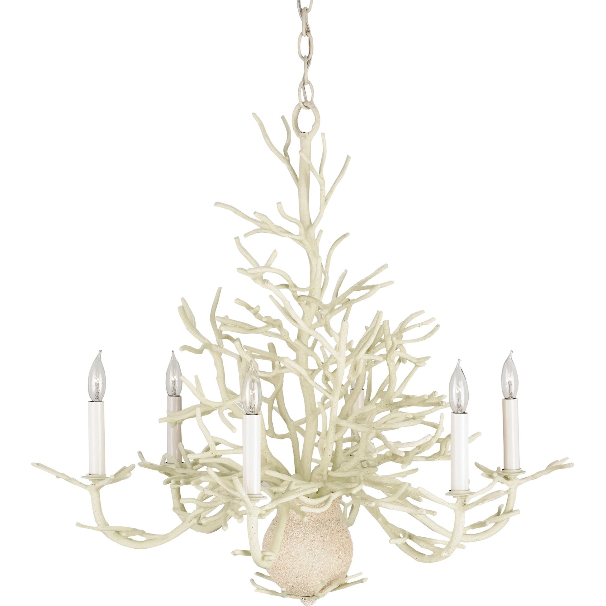 Seaward Chandelier by Currey and Company in white coral, natural sand. Made from wrought iron in a coastal style.