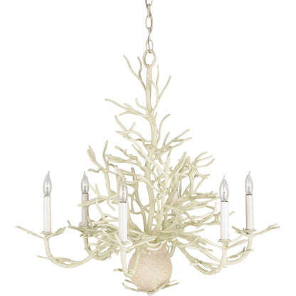 Seaward Chandelier by Currey and Company in white coral, natural sand. Made from wrought iron in a coastal style.