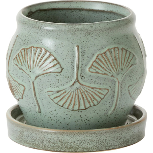 Biloba Pot with Saucer by Accent Decor in green. Made from ceramic in a unique style.