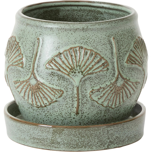 Biloba Pot with Saucer by Accent Decor in green. Made from ceramic in a unique style.