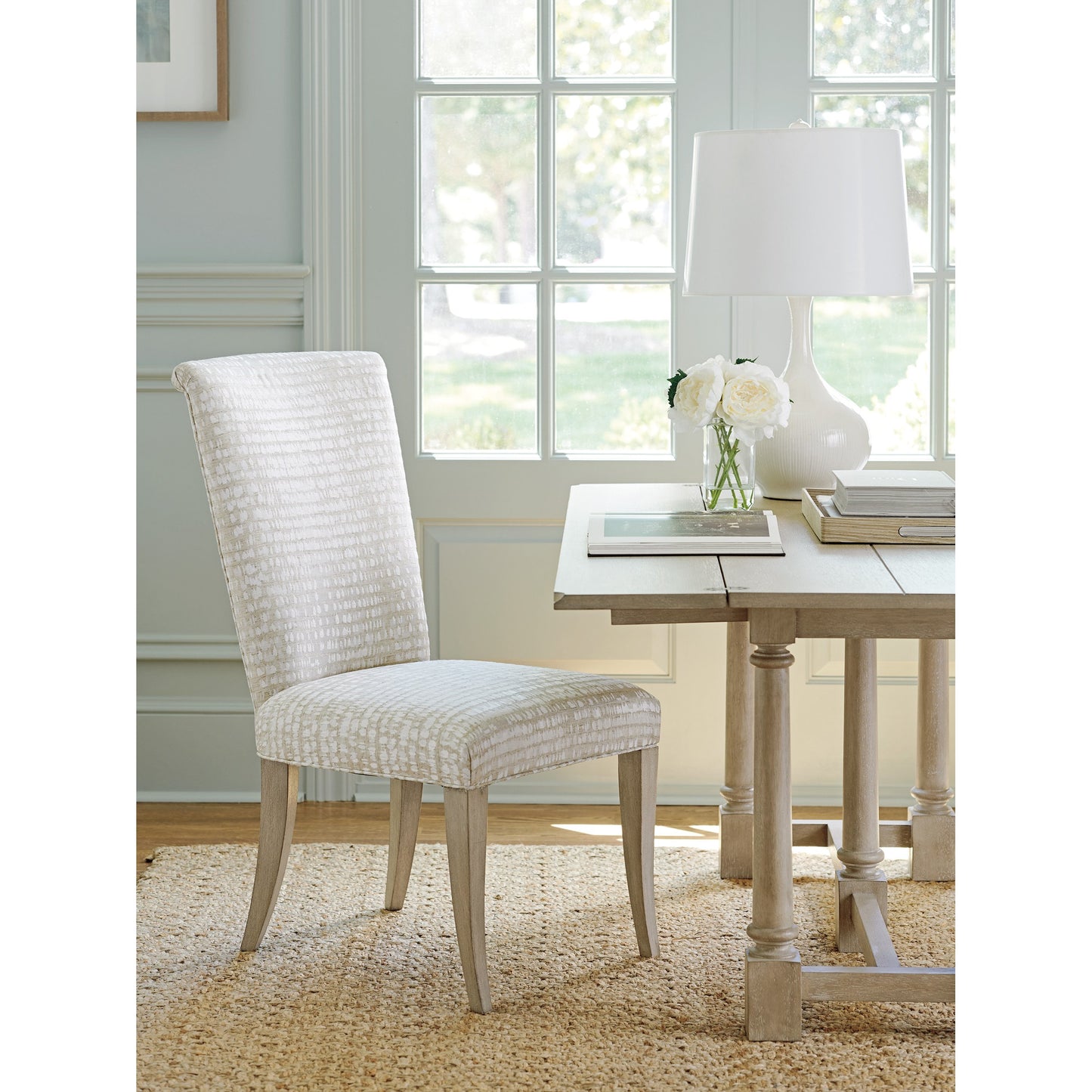 003 SR-835011 | Lifestyle | Serra Pattern Upholstered Side Chair by Barclay Butera. Made from unique in a transitional style.