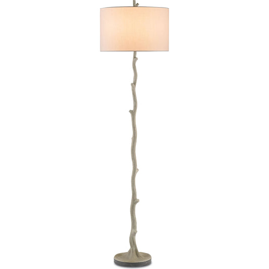 Beaujon Floor Lamp by Currey and Company in polished, aged steel. Made from wrought iron, concrete in a coastal style.