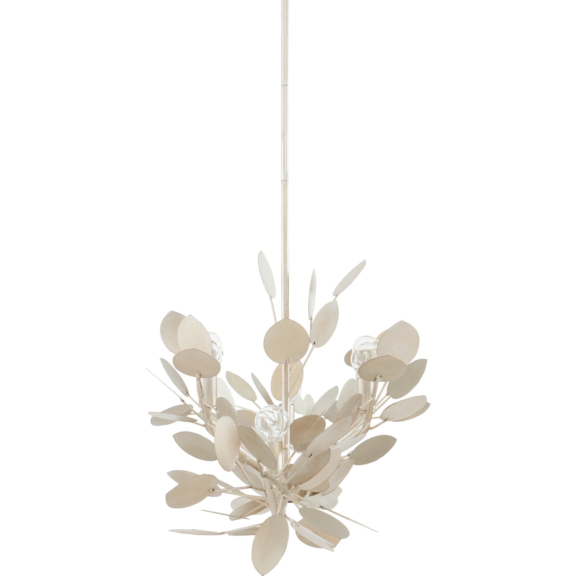 Lunaria Oval Chandelier by Currey and Company in contemporary silver leaf. Made from wrought iron in a transitional style.