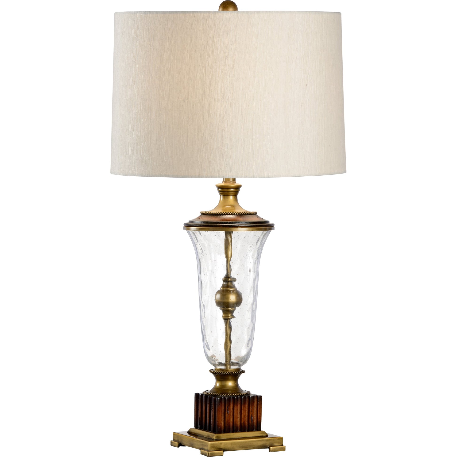 Crystal Vase Lamp by Wildwood in clear, mahogany, antique brass. Made from brass in a traditional style.