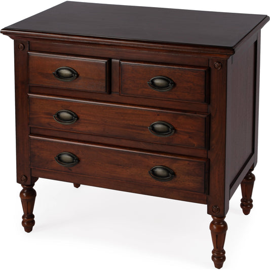 Easterbrook 4 Drawer Chest by Butler Specialty Company in dark brown and cherry. Made from mango wood solids, mdf, mindi veneer, bronze in a traditional style.