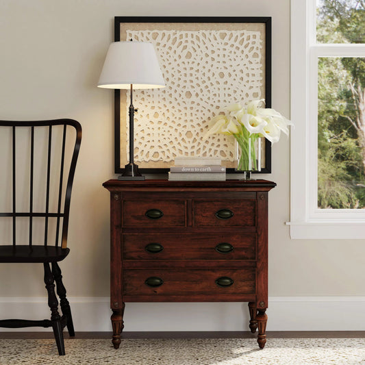 Easterbrook 4 Drawer Chest by Butler Specialty Company in dark brown and cherry. Made from mango wood solids, mdf, mindi veneer, bronze in a traditional style.