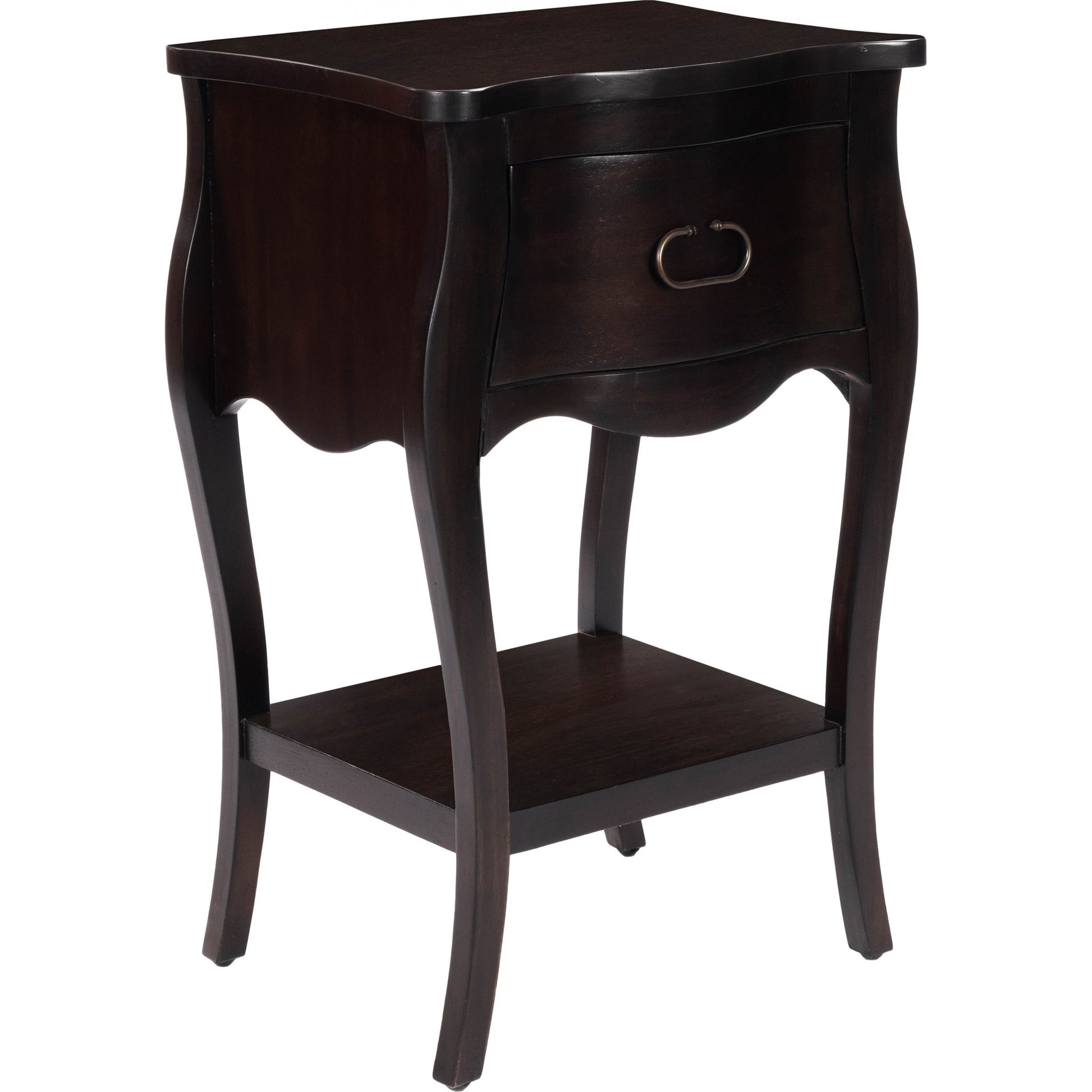 Rochelle Night Stand by Butler Specialty Company in dark brown and chocolate. Made from mahogany wood veneers, mdf, plywood, hardware: iron, antiqued dark finish in a traditional style.