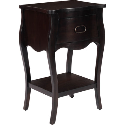 Rochelle Night Stand by Butler Specialty Company in dark brown and chocolate. Made from mahogany wood veneers, mdf, plywood, hardware: iron, antiqued dark finish in a traditional style.