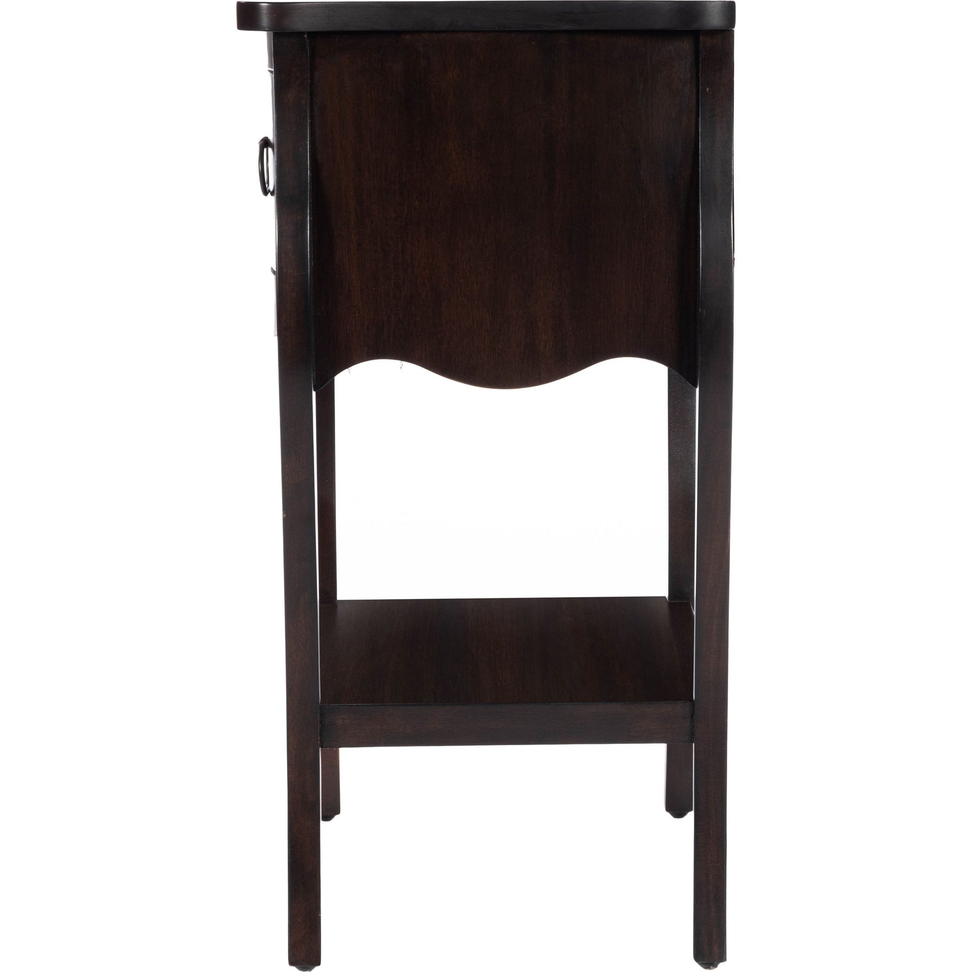 Rochelle Night Stand by Butler Specialty Company in dark brown and chocolate. Made from mahogany wood veneers, mdf, plywood, hardware: iron, antiqued dark finish in a traditional style.