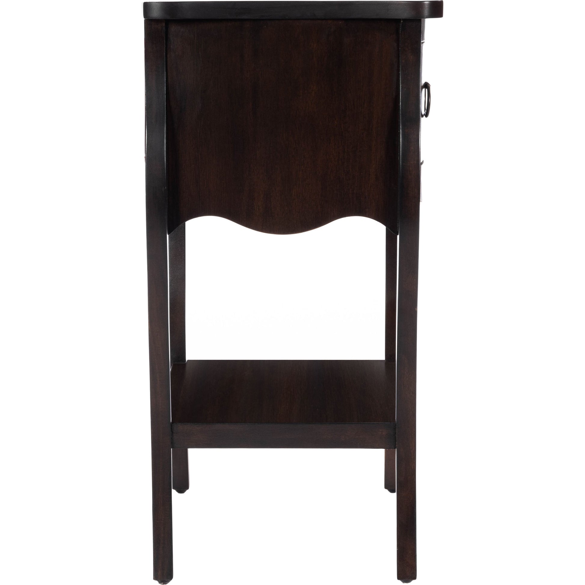 Rochelle Night Stand by Butler Specialty Company in dark brown and chocolate. Made from mahogany wood veneers, mdf, plywood, hardware: iron, antiqued dark finish in a traditional style.