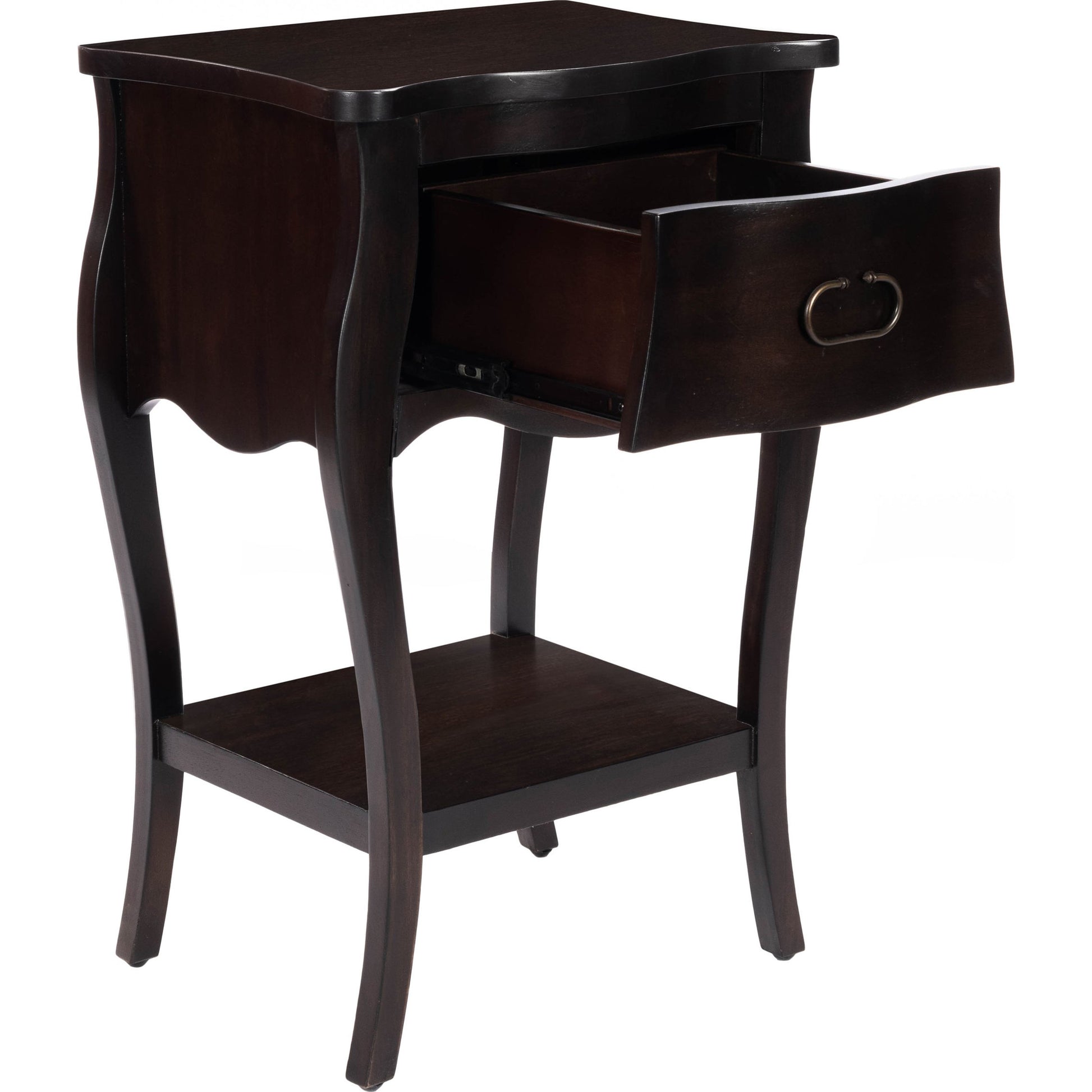 Rochelle Night Stand by Butler Specialty Company in dark brown and chocolate. Made from mahogany wood veneers, mdf, plywood, hardware: iron, antiqued dark finish in a traditional style.