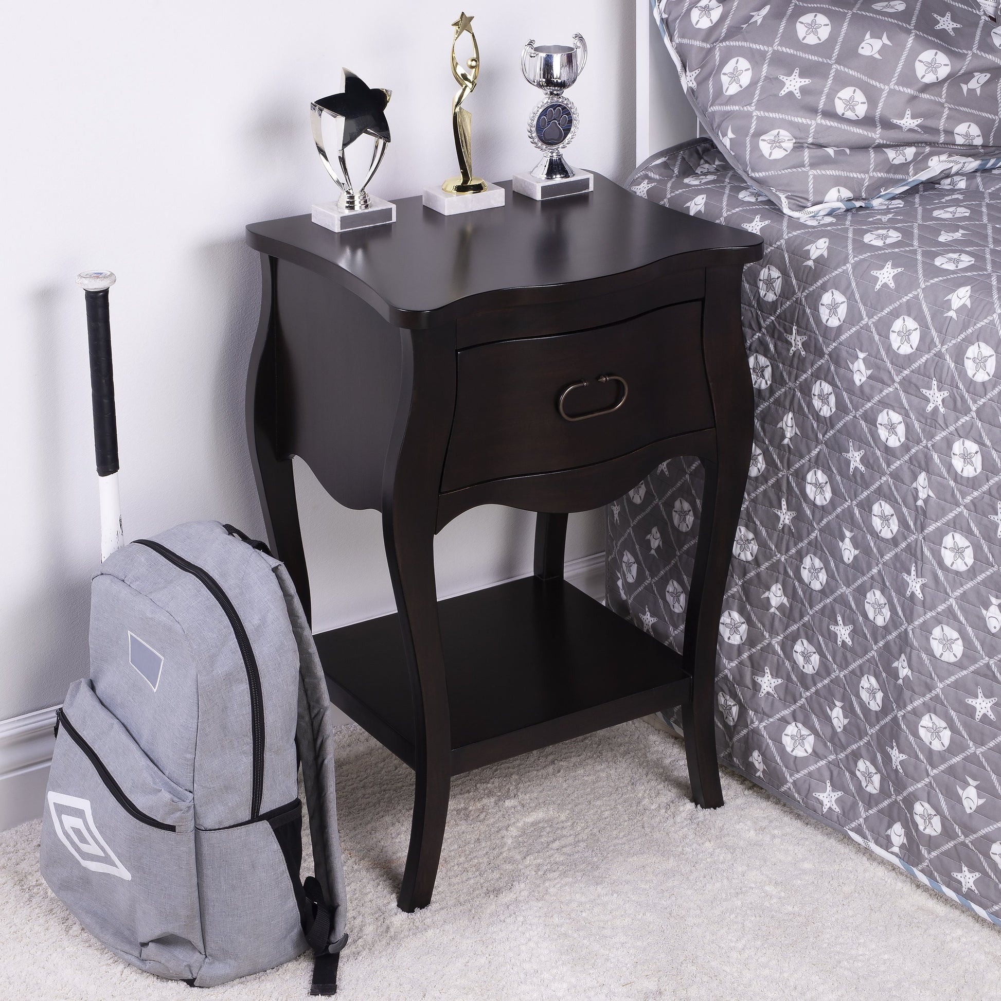 Rochelle Night Stand by Butler Specialty Company in dark brown and chocolate. Made from mahogany wood veneers, mdf, plywood, hardware: iron, antiqued dark finish in a traditional style.